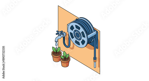 An isometric illustration of a wall-mounted garden hose reel with a dripping faucet watering two small potted plants.