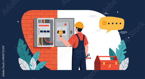 An electrician character in a hard hat holding a lightbulb while working on an open electrical panel on a brick wall.