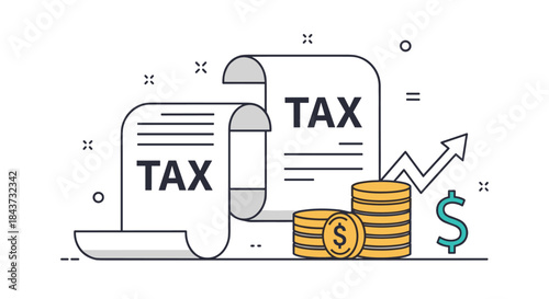 A financial concept illustration with tax forms, stacks of coins, a dollar sign, and an upward-trending arrow graph.