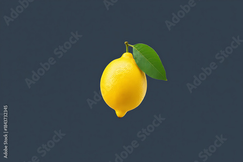A bright yellow lemon with a single green leaf attached, isolated against a deep charcoal grey background, symbolizing freshness and natural simplicity.