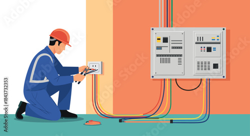 An electrician in uniform and a hard hat is carefully installing a new electrical wall socket next to a circuit breaker.