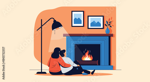 A loving couple cuddling together on the floor, enjoying the warmth and romantic ambiance of a cozy fireplace at home.