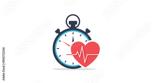 A health and fitness concept with a stopwatch and a red heart showing a pulse line, representing cardiovascular health.