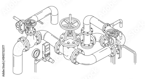 A detailed technical line drawing of a complex industrial piping system with valves, flanges, and a pressure gauge.