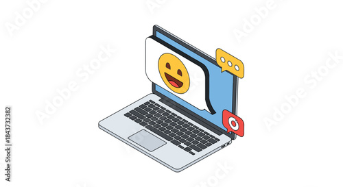 An isometric laptop with a happy emoji in a speech bubble on the screen, showing a positive online chat notification.
