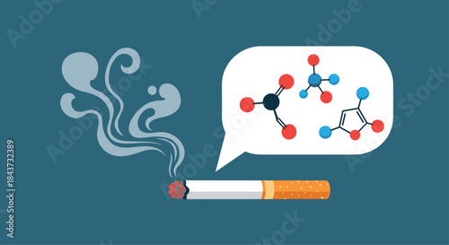 A lit cigarette emitting smoke and a speech bubble containing the molecular structures of harmful chemicals found in it.