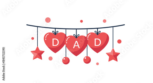 A charming Father's Day greeting card design with hanging red hearts spelling out 'DAD' among stars and decorations.