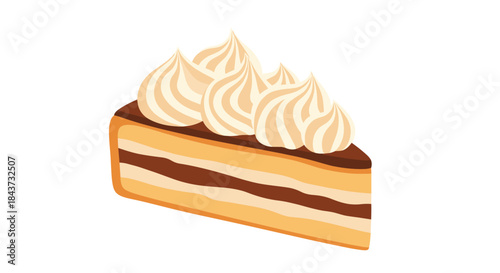 Delicious slice of multi-layered cake with chocolate filling and topped with decorative swirls of whipped cream, on a white background.