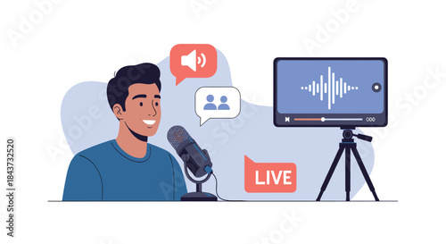 Young man speaking into a professional microphone for a live podcast or streaming session with a video screen in the background.