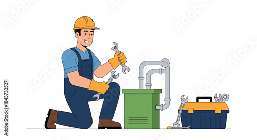 Happy plumber in a hard hat and uniform kneeling with wrenches to perform maintenance on a water system next to his toolbox.