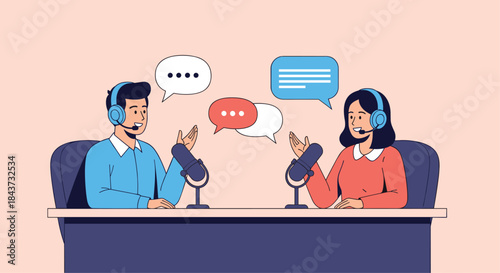 Male and female podcast hosts with headphones and microphones recording an interview or talk show in a radio studio setting.