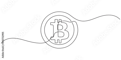 Continuous line drawing of bitcoin cryptocurrency silhouette. Blockchain, finance and banking technology concept drawn by one line, Bitcoin coin, cryptocurrency one line art, money, finance, financial