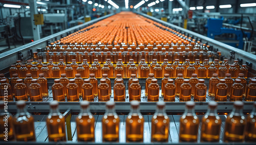 Industrial factory conveyor belt orange bottles golden liquid machinery equipment production high angle perspective bright lights generative AI