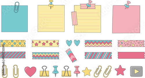 Cute stationery and note decoration illustration set with sticky notes tape pins paper clips and icons, colorful scrapbook planner vector elements
