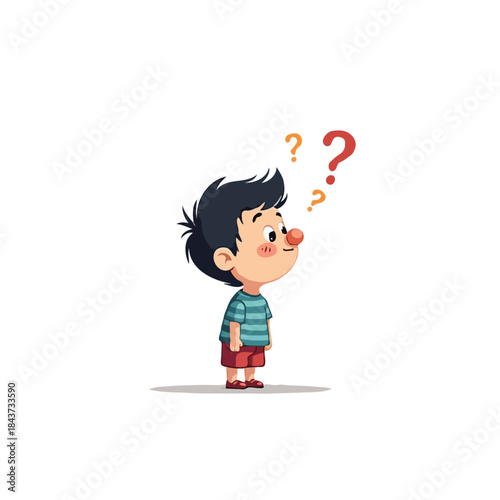 Contemplative young character with pondering thoughts and swirling questions in a minimalist