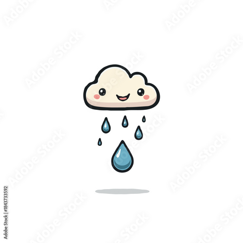 Cute cartoon cloud with smiling face expressing joy while raining gentle raindrops illustration