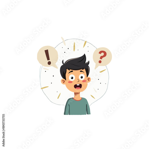 Illustration of a confused boy surrounded by question marks and exclamation points expresses