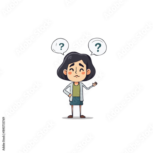 Illustration of a thoughtful young woman with question marks reflecting uncertainty and