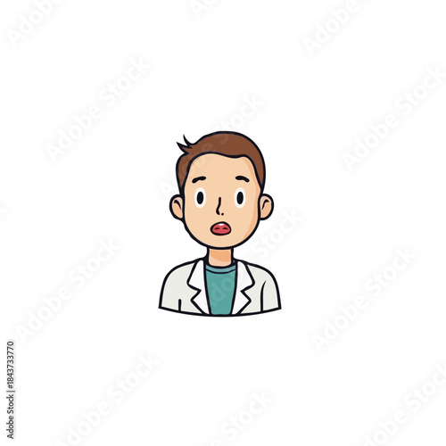 Illustration of a young doctor expressing surprise with a slightly open mouth in medical uniform