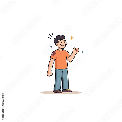 Illustrative depiction of a cheerful young man exuding positivity with a gesture of greeting and