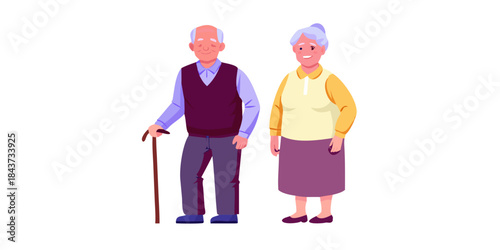 An illustration of an elderly couple a man with a cane and a woman