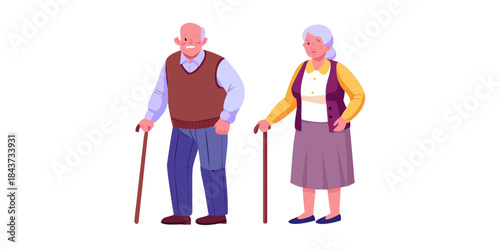An illustration depicting an elderly couple each holding a walking stick