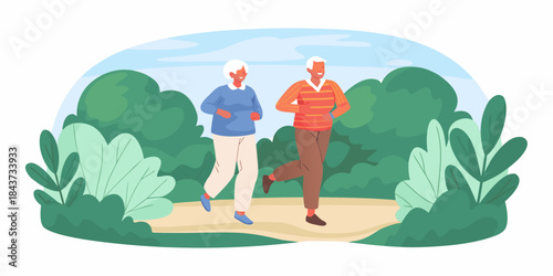 Active senior couple enjoying a healthy jog in a lush park setting