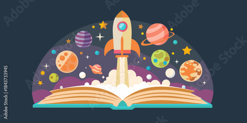 A rocket launching from an open book into a colorful space scene