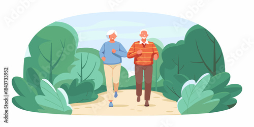 An elderly couple enjoys a healthy outdoor walk together in nature