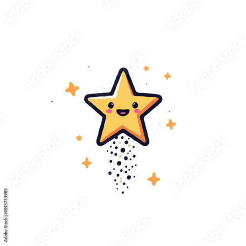 Smiling celestial star character with sparkling trail radiates positivity in a whimsical universe