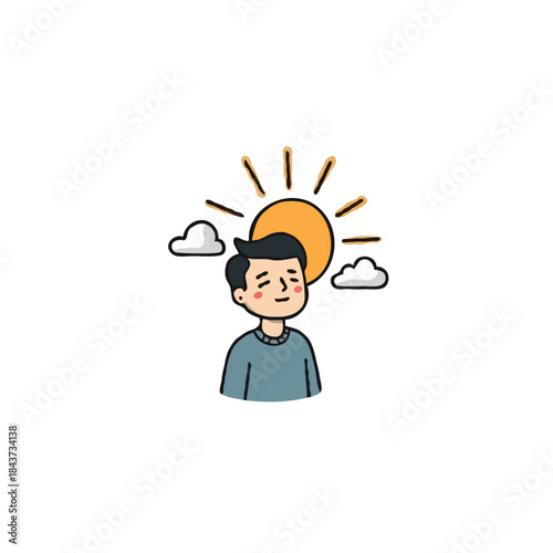 Tranquil cartoon illustration of a person under the warm sun with clouds floating around in the