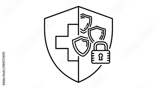 Line art illustration of a shield with a medical cross and security symbols on a white background.