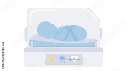 An illustration of a newborn baby lying in an incubator with a transparent hood and control panel, conveying a sense of medical care and monitoring.