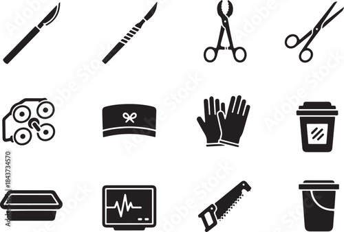 Black and White Silhouette Vector Icon Set of Surgical, Medical, and Healthcare Tools, Equipment, and Supplies for Emergency Room and Hospital Use