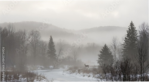 Solitary deer standing in a misty winter forest landscape with snow and frozen river for wilderness tranquility concept and serene natural beauty
