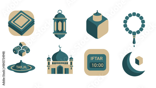Flat design icons representing various elements of Ramadan and Islamic culture, including a Quran, lantern, mosque, dates, prayer beads, and crescent moon.