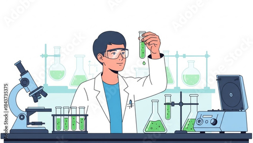 Science in Focus: A dedicated scientist intently examines a test tube filled with vibrant green liquid within a modern laboratory setting, symbolizing scientific exploration.