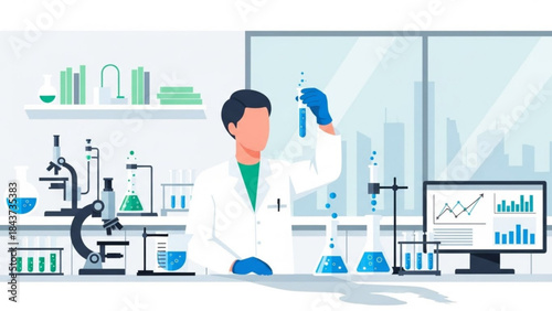 Scientist in the Lab: In a modern lab setting, a focused scientist meticulously analyzes a test tube, surrounded by scientific instruments, symbolizing the precision and innovation.