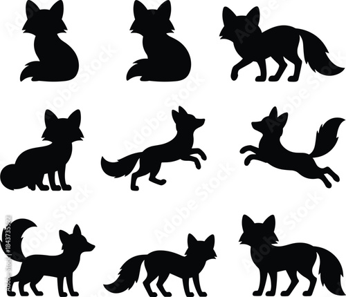A collection of black fox silhouettes in various poses including sitting, running, and jumping