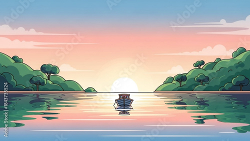 Serene Sunrise Boat Ride: A tranquil moment unfolds as a solitary boat glides peacefully on calm waters, its silhouette framed by a vibrant sunrise over rolling hills and verdant trees.