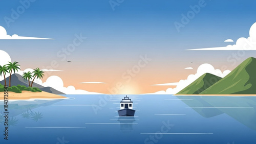 Serene Seascape: A tranquil view of a small boat sailing through calm waters towards a vibrant sunset, with lush islands flanking either side.