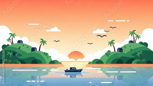 Tropical Sunset Silhouette: A stylized scene captures a serene sunset over a tropical paradise with silhouetted islands, palm trees, and a lone boat sailing on calm waters.