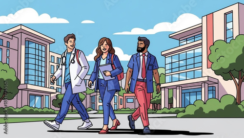 Academic Stroll: A group of students strolls across a college campus, their forms defined by elegant line art, bathed in a sense of collaborative purpose. A cheerful atmosphere.