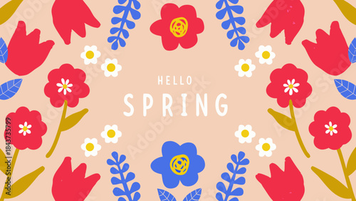 Hello spring floral illustration with red tulips and blue flowers