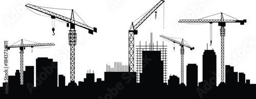 Urban Construction Silhouette with Tower Cranes and City Buildings Under Development – Infrastructure Growth and Modern Architecture Vector Illustration