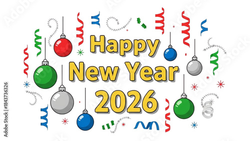 Festive Greeting Card Illustration for a Happy New Year 2026 Celebration.