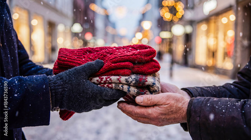 Volunteer giving warm knitted mittens scarf to homeless person winter christmas charity cold weather protection clothing donation help social support kindness humanitarian aid holiday season concept