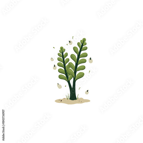 Stylized botanical illustration showcasing verdant plant with whimsical detached seed elements