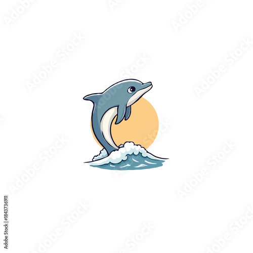 Stylized cartoon dolphin breaching ocean wave against a sunlit backdrop for children designs and