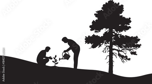 Silhouette of Two People Planting a Tree with a Watering Can and a Large Pine Tree vector illustration